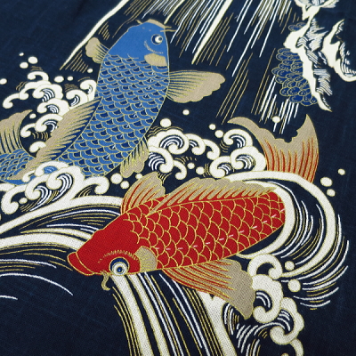 鯉の滝昇り（むら染め・藍紺）鯉口シャツ（ダボシャツ）藍調むら染め